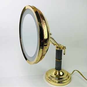 Vintage 90s Make Up Vanity Mirror Light Up Magnifying Brass Gold Table Top Stand